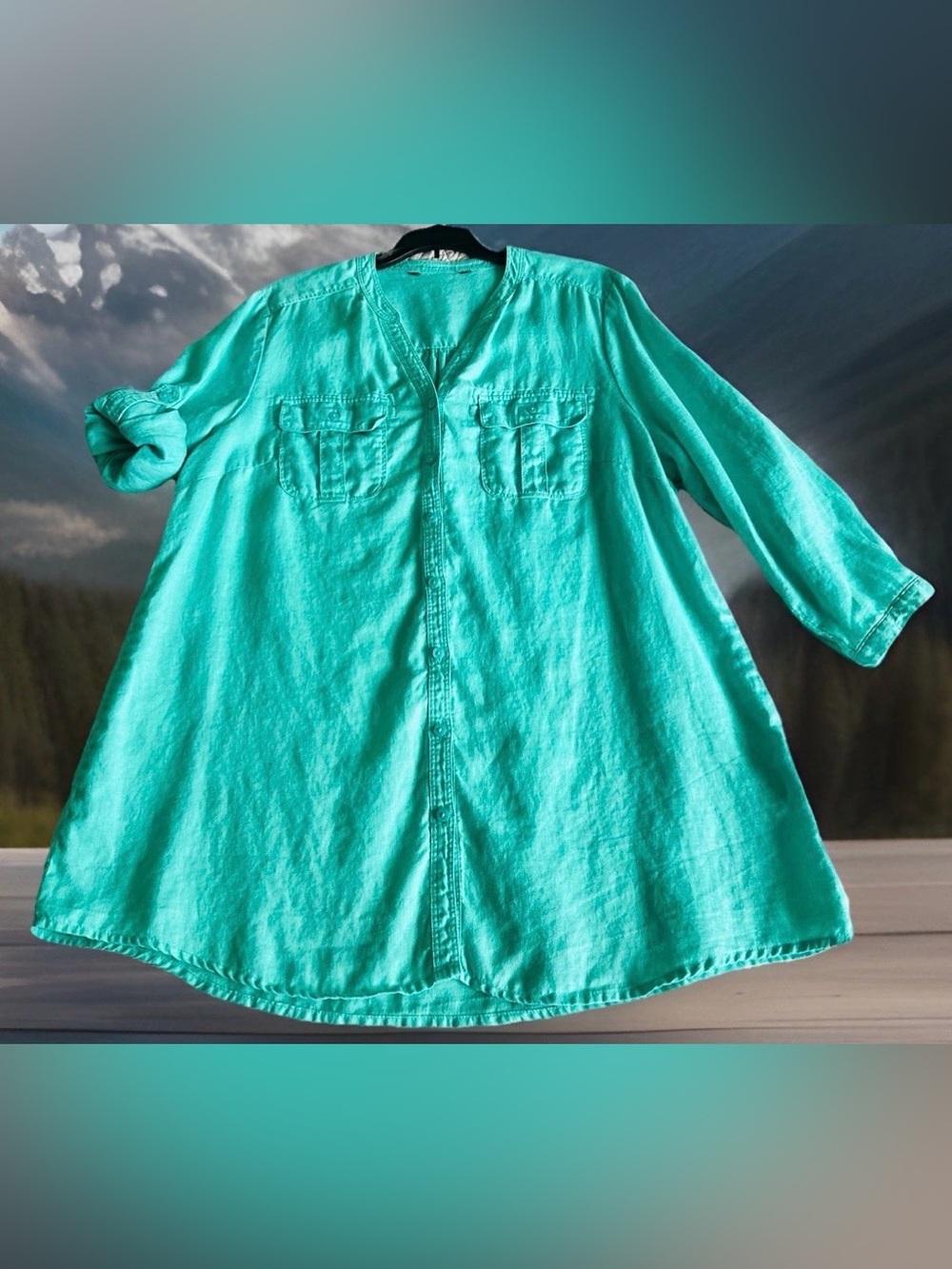 Nicole Miller Women Sz XL Turquoise Green 💯Linen Roll Sleeve Button Down Shirt